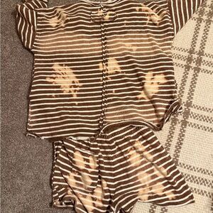 Three Bird Nest Brown & Cream Striped Short Pajama Set